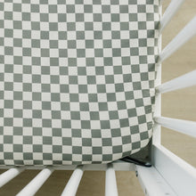 Load image into Gallery viewer, Light Green Checkered Bamboo Stretch Crib Sheet
