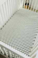 Load image into Gallery viewer, Light Green Checkered Bamboo Stretch Crib Sheet
