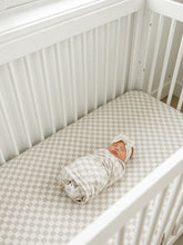 Load image into Gallery viewer, Taupe Checkered Bamboo Stretch Crib Sheet
